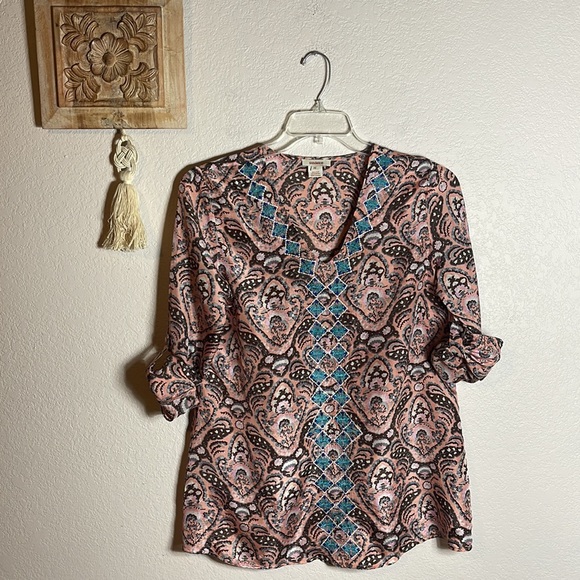 Sundance Sonora Embraces Silk Shirt Pink, Brown & Aqua Size Medium - Picture 2 of 13